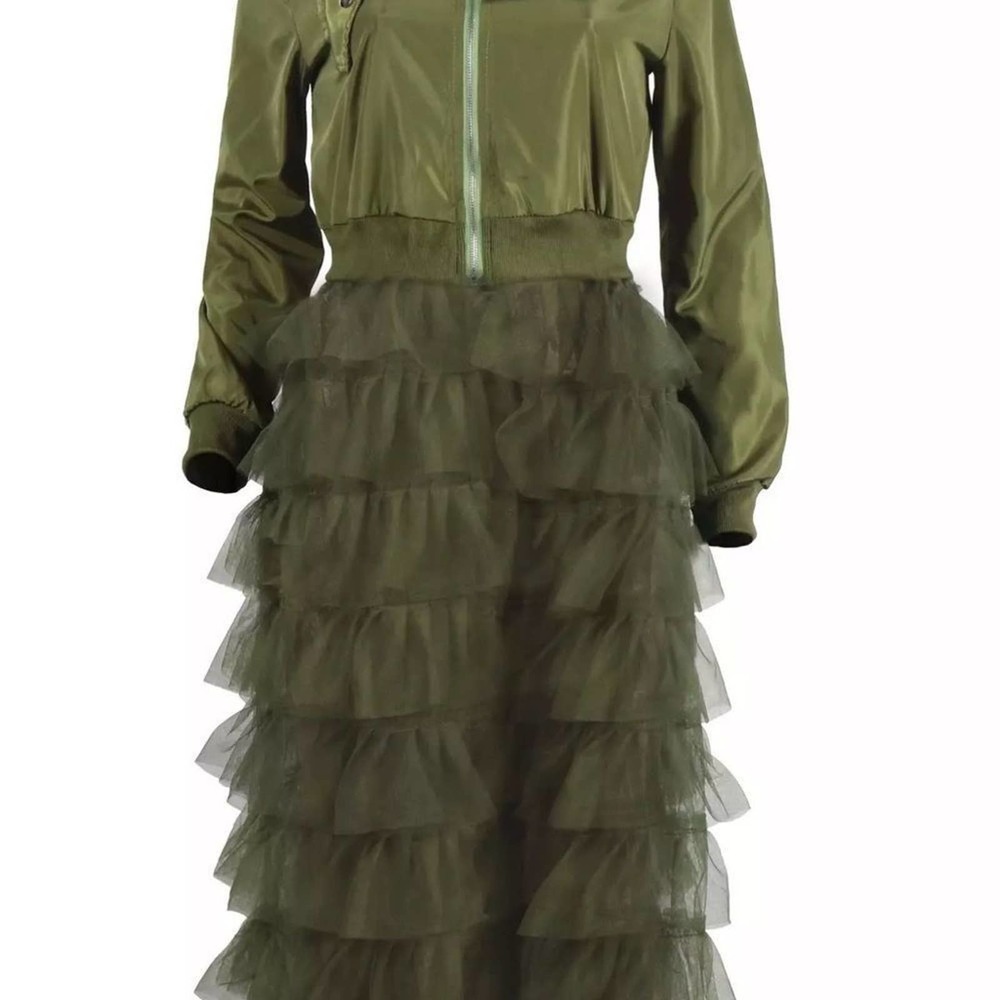 NWT Spring latest fashion dress mesh ruffle zip long jacket- Green 1X/Large - Picture 2 of 4